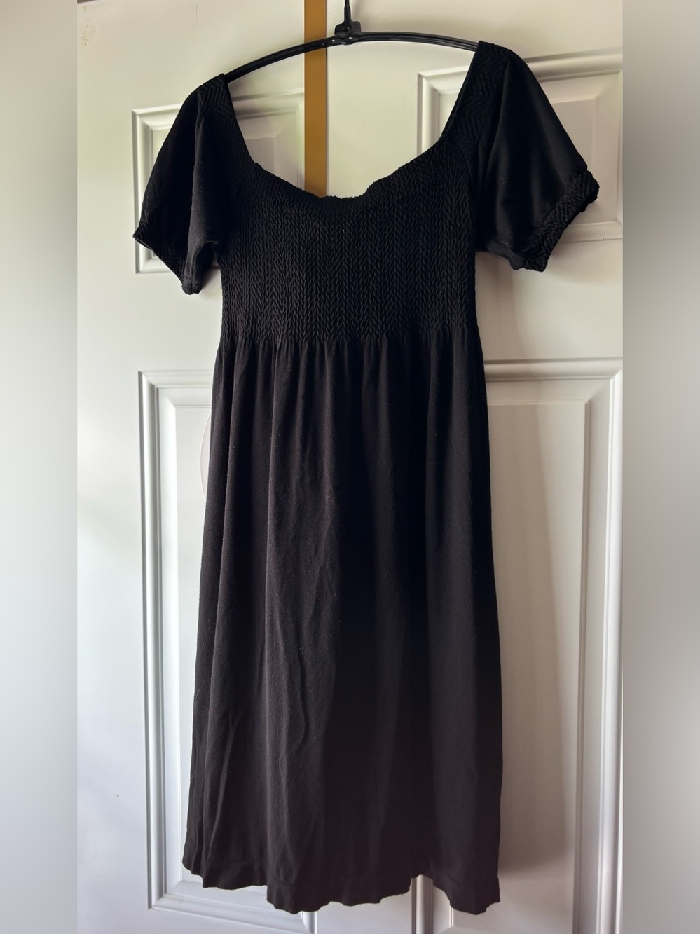 Black Smocked Off Shoulder Bodice Midi Dress -